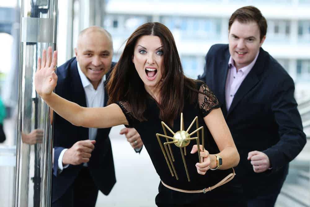 Chairman of the judging panel, eircom's Gary Disley pictured with the 2014 eircom Spider Award hosts, TV personalities Jennifer Maguire and Bernard O'Shea.