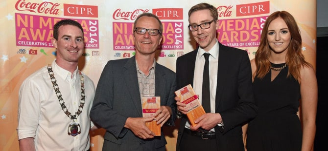 CIPR DAILY NEWSPAPER OF THE YEAR AND OVERALL NEWSPAPER OF THE YEAR: Mike Gilson and Ed McCann, 'The Belfast Telegraph' with Chris Love CIPR NI and Nicci Gregg, Coca Cola.