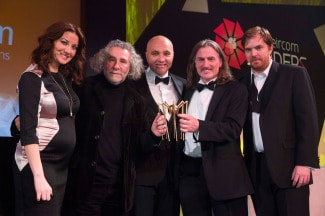 eircom Spider presenters Jennifer Maguire and Bernard O’Shea with Grand Prix winners, Kevin Godley and John Holland of WholeWorldBand and Gary Disley, eircom Business Solutions.
