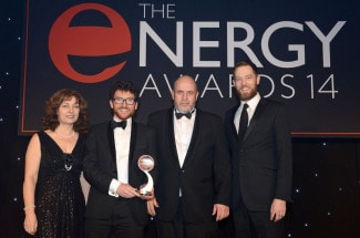 Pictured in London are Kerry Mashford, CEO, National Energy Foundation and an Energy Awards 2014 judge; Dr Eoin Syron, co-founder, OxyMem; Nigel Coombes, OxyMem and Alun Cochrane, comedian and event host.