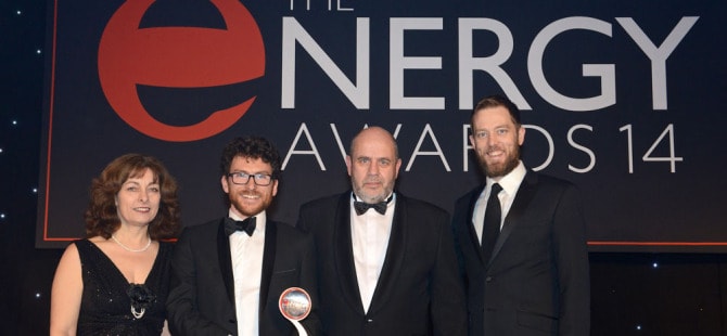Pictured in London are Kerry Mashford, CEO, National Energy Foundation and an Energy Awards 2014 judge; Dr Eoin Syron, co-founder, OxyMem; Nigel Coombes, OxyMem and Alun Cochrane, comedian and event host.