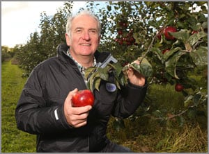 Repro Free: Monday 24th October 2016. Pictured at the inaugural harvest of MulrinesÕ apple orchards in Kill, Co. Kildare is Peter Mulrine, managing director of Mulrines and Chairman of the Irish Fruit Juice Matters campaign alongside Kildare TDs, Frank OÕRourke and James Lawless. This harvest marks a significant milestone for the Irish fruit juice industry as it is IrelandÕs first large scale farm-to-glass harvest of apples, which will be converted into 100% pure Irish apple juice. It is estimated that the fruit juice market in Ireland has an annual retail revenue in excess of Û100 million.  Mulrines is currently working with the European Fruit Juice Association on a Europe-wide awareness campaign called Fruit Juice Matters. This initiative aims to communicate the scientific evidence base demonstrating that 100% fruit juice is a beneficial addition to a healthy lifestyle. Visit https://fruitjuicematters.eu for further information. Picture Jason Clarke