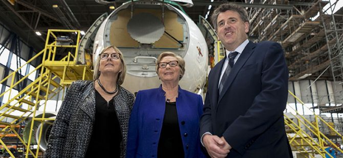 BUSINESS 02112017 NO FEE FOR REPRODUCTION Dublin Aerospace, Ireland’s largest independent aircraft maintenance provider, announced the creation of 150 new full time positions as part of an ambitious growth plan, supported by Enterprise Ireland. Pictured at the announcement were: Julie Sinnamon, CEO, Enterprise Ireland, An Tanaiste and Minister for Business, Enterprise and Innovation, Frances Fitzgerald, TD and Michael Tyrrell, CEO, Dublin Aerospace. Photo Iain White / Fennell Photography