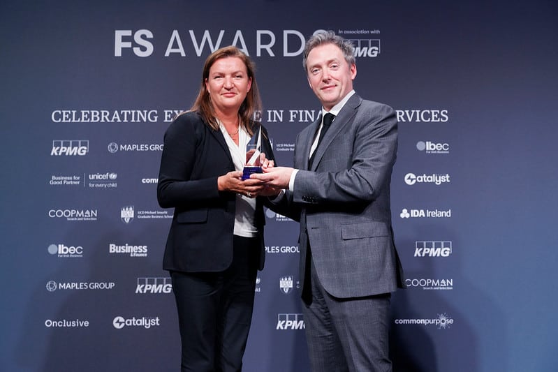 Photographed at the Business & Finance FS Awards 2022: Virginia Lawlor collecting the Sustainable Finance Award on behalf of Aviva presented by Peter Stapleton from Maples Group. Picture Andres Poveda