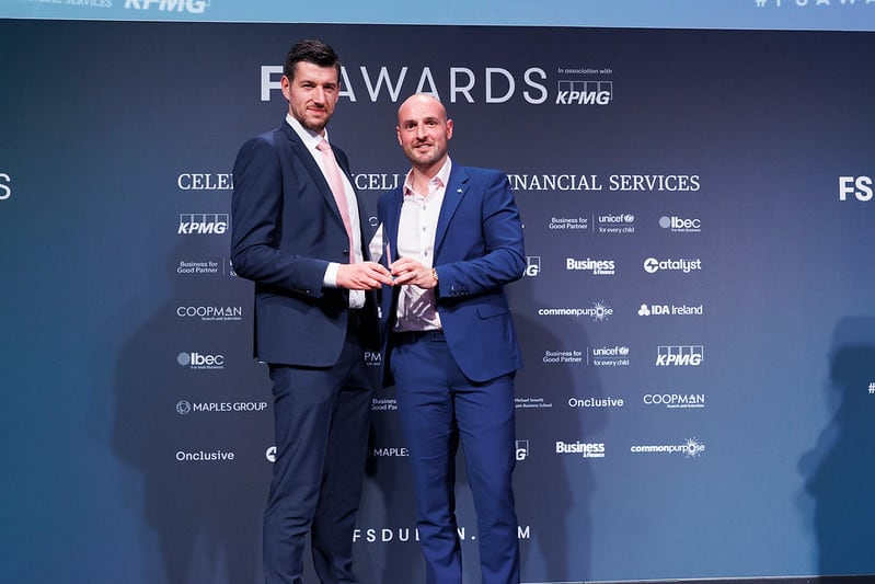 Photographed at the Business & Finance FS Awards 2022: Michael Conville collecting the Diversity, Equality & Inclusion Award on behalf of Liberty Insurance presented by Andrew Murohy from Coopman Search and Selection. Picture Andres Poveda