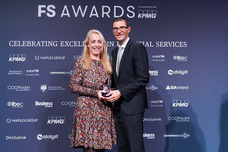 Photographed at the Business & Finance FS Awards 2022: Leona Dooley collecting the FS Grand Prix Award on behalf of Liberty Insurance presented by Ian Nelson from KPMG. Picture Andres Poveda