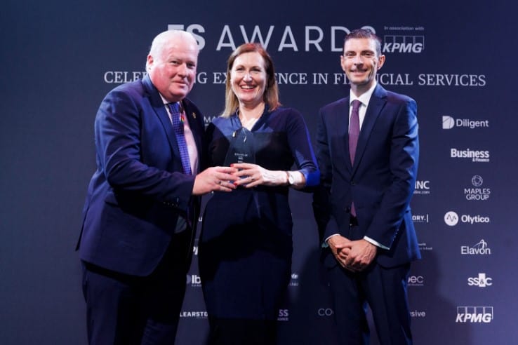 Photographed at FS Awards 2023: Eddie Kearney and Karen Hackett from PTSB collecting the Grand Prix Award presented by Ian Nelson from KPMG.