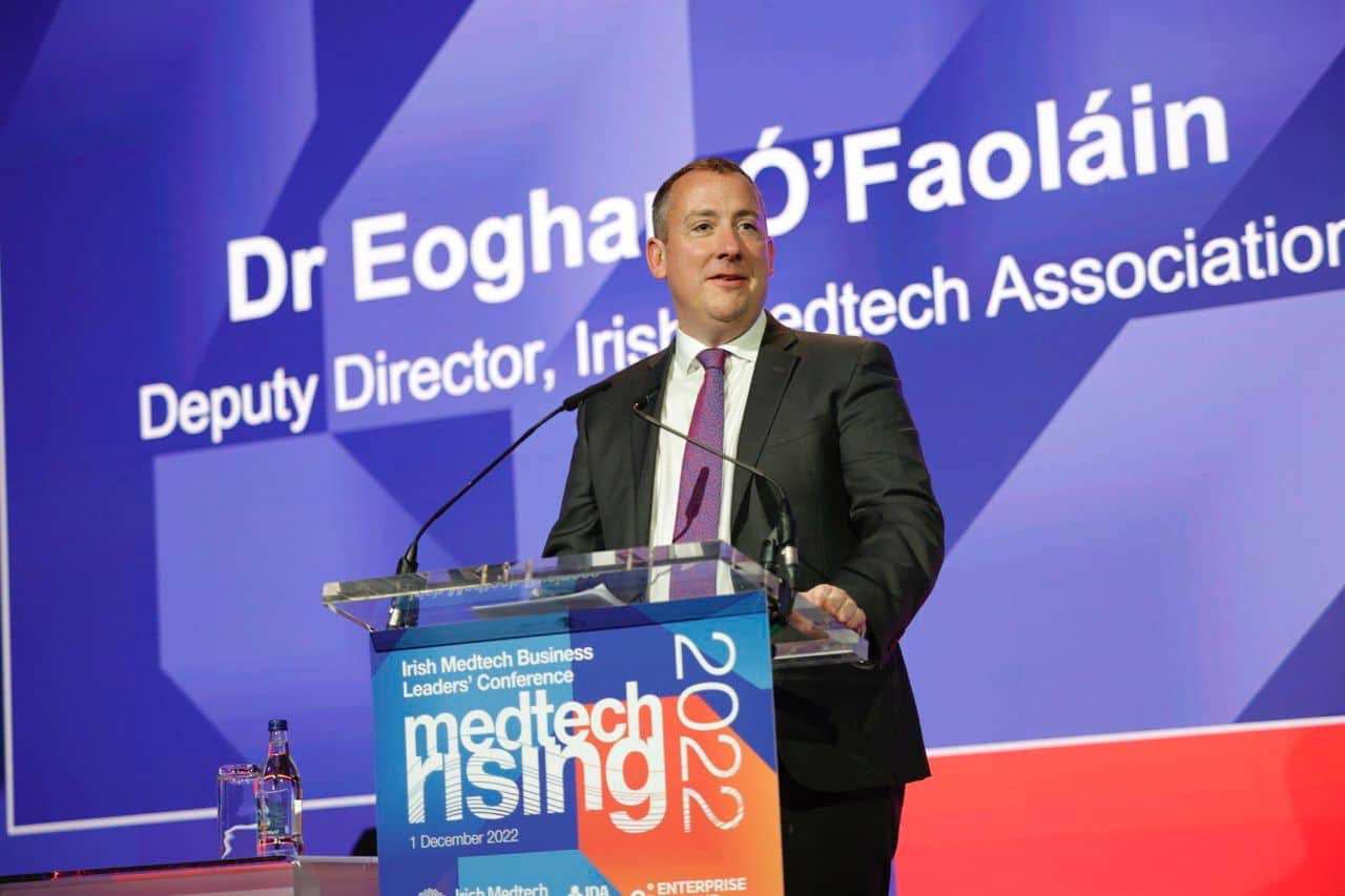 A photograph of Eoghan Director of Medtech doing a public speech 