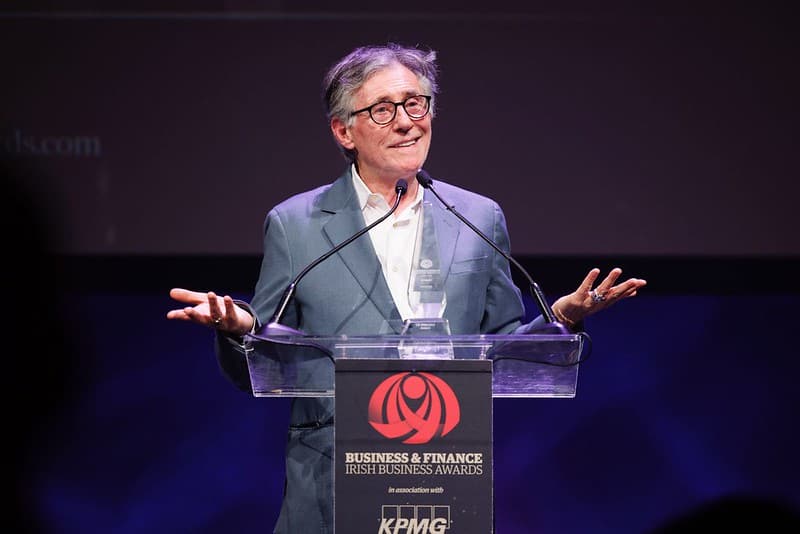 Pictured at The Business & Finance Awards 2023: Gabriel Byrne, collecting the T.K Whitaker Award, presented by Colum McCann